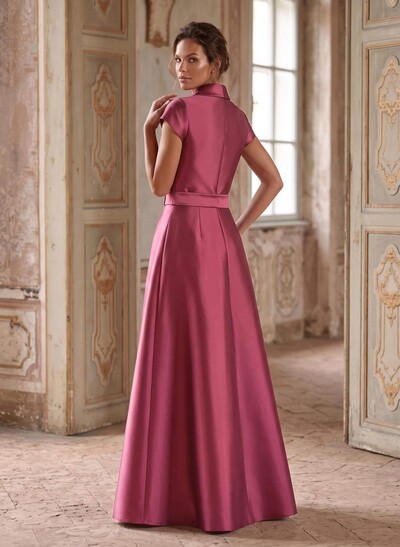 A-Line V-Neck Short Sleeves Floor-Length Satin Mother Of The Bride Dresses With
