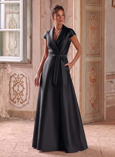 A-Line V-Neck Short Sleeves Floor-Length Satin Mother Of The Bride Dresses With