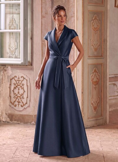 A-Line V-Neck Short Sleeve Floor-Length Satin Mother Of The Bride Dresses With