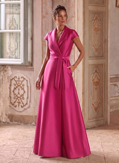 A-Line V-Neck Short Sleeve Floor-Length Satin Mother Of The Bride Dresses With