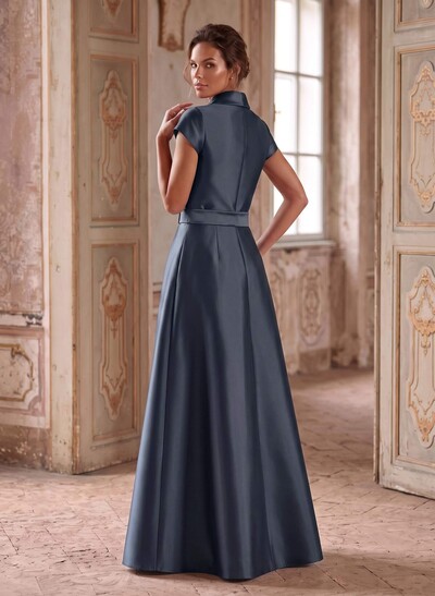 A-Line V-Neck Short Sleeve Floor-Length Satin Mother Of The Bride Dresses With