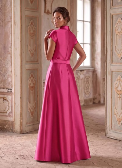 A-Line V-Neck Short Sleeve Floor-Length Satin Mother Of The Bride Dresses With