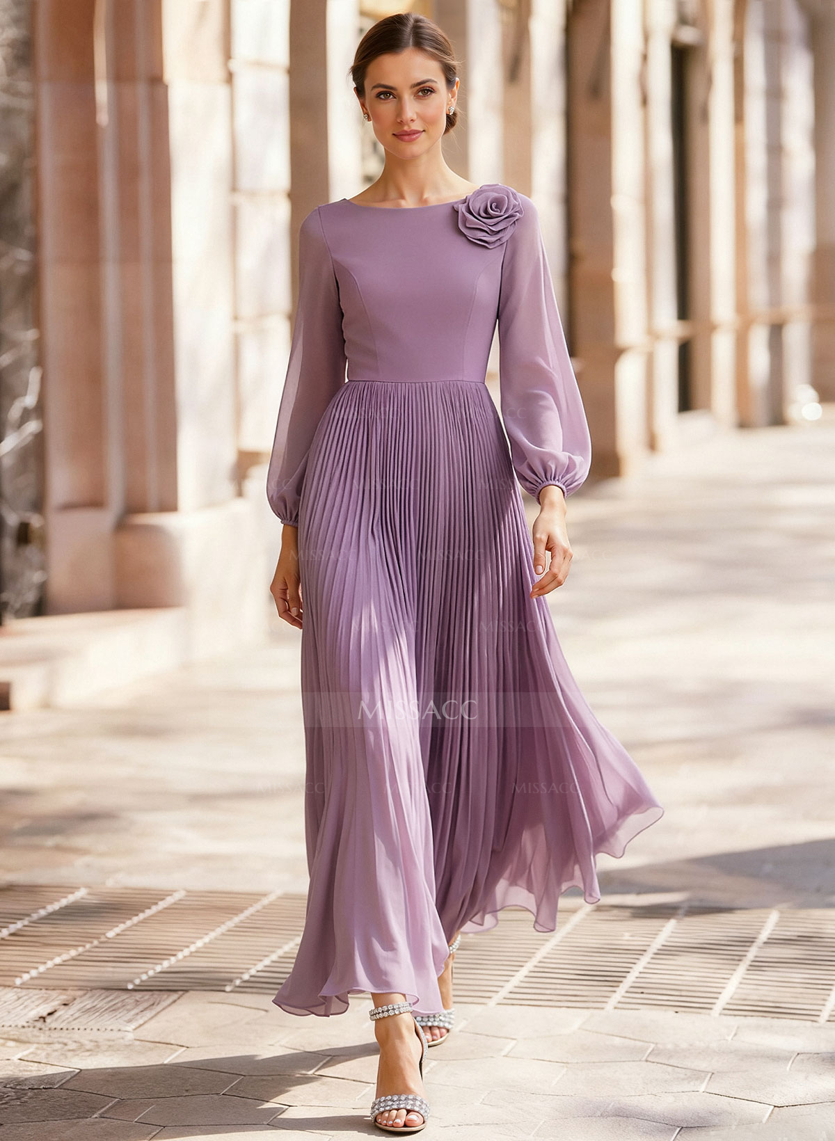 A-Line Scoop Neck Long Sleeves Ankle-Length Chiffon Mother Of The Bride Dresses With Pleated Flower(s)