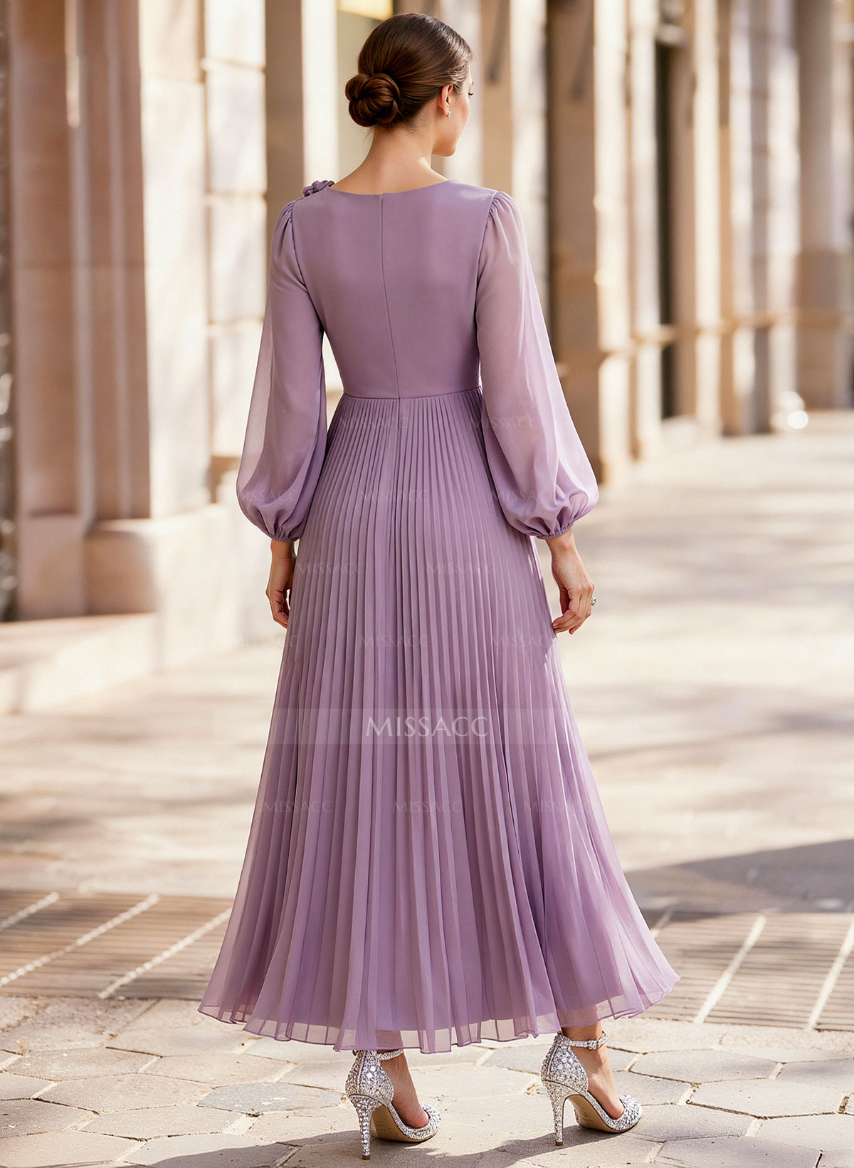 A-Line Scoop Neck Long Sleeves Ankle-Length Chiffon Mother Of The Bride Dresses With Pleated Flower(s)