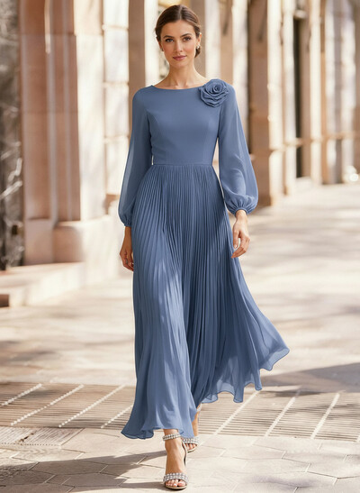 A-Line Scoop Neck Long Sleeves Ankle-Length Chiffon Mother Of The Bride Dresses With Pleated Flower(s)