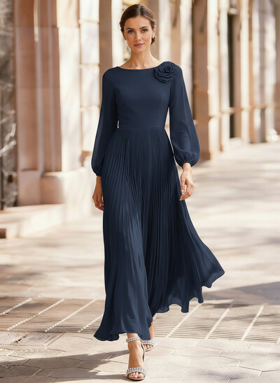 A-Line Scoop Neck Long Sleeves Ankle-Length Chiffon Mother Of The Bride Dresses With Pleated Flower(s)