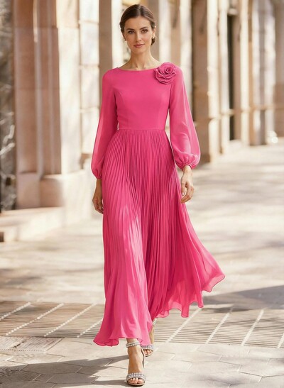 A-Line Scoop Neck Long Sleeves Ankle-Length Chiffon Mother Of The Bride Dresses With Pleated Flower(s)