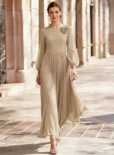 A-Line Scoop Neck Long Sleeves Ankle-Length Chiffon Mother Of The Bride Dresses With Pleated Flower(s)
