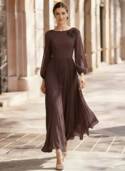 Missacc Steel Grey Mother Of The Bride Dresses A-Line Scoop Neck Long Sleeves Ankle-Length Chiffon Mother Of The Bride Dresses With Pleated Flower(s)