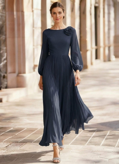 A-Line Scoop Neck Long Sleeves Ankle-Length Chiffon Mother Of The Bride Dresses With Pleated Flower(s)