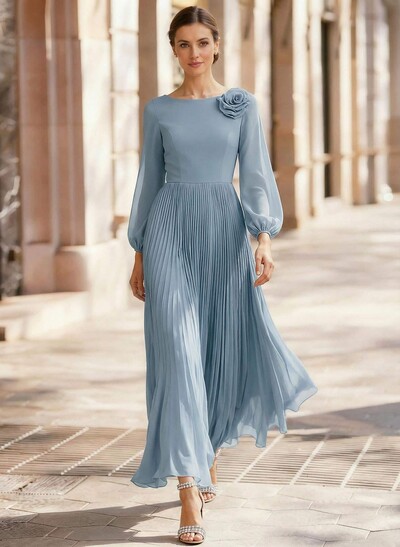 A-Line Scoop Neck Long Sleeves Ankle-Length Chiffon Mother Of The Bride Dresses With Pleated Flower(s)