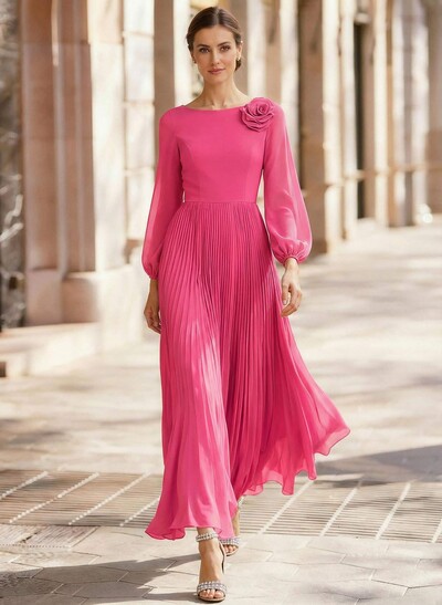 A-Line Scoop Neck Long Sleeves Ankle-Length Chiffon Mother Of The Bride Dresses With Pleated Flower(s)