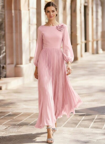 A-Line Scoop Neck Long Sleeves Ankle-Length Chiffon Mother Of The Bride Dresses With Pleated Flower(s)