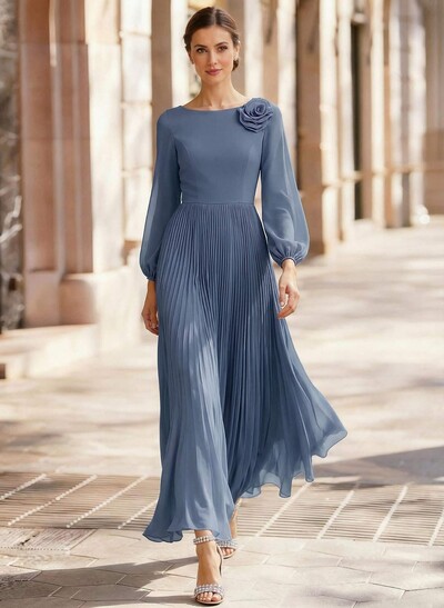 A-Line Scoop Neck Long Sleeves Ankle-Length Chiffon Mother Of The Bride Dresses With Pleated Flower(s)