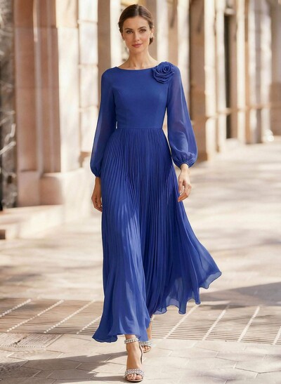 A-Line Scoop Neck Long Sleeves Ankle-Length Chiffon Mother Of The Bride Dresses With Pleated Flower(s)