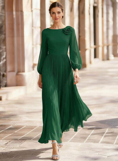 A-Line Scoop Neck Long Sleeves Ankle-Length Chiffon Mother Of The Bride Dresses With Pleated Flower(s)