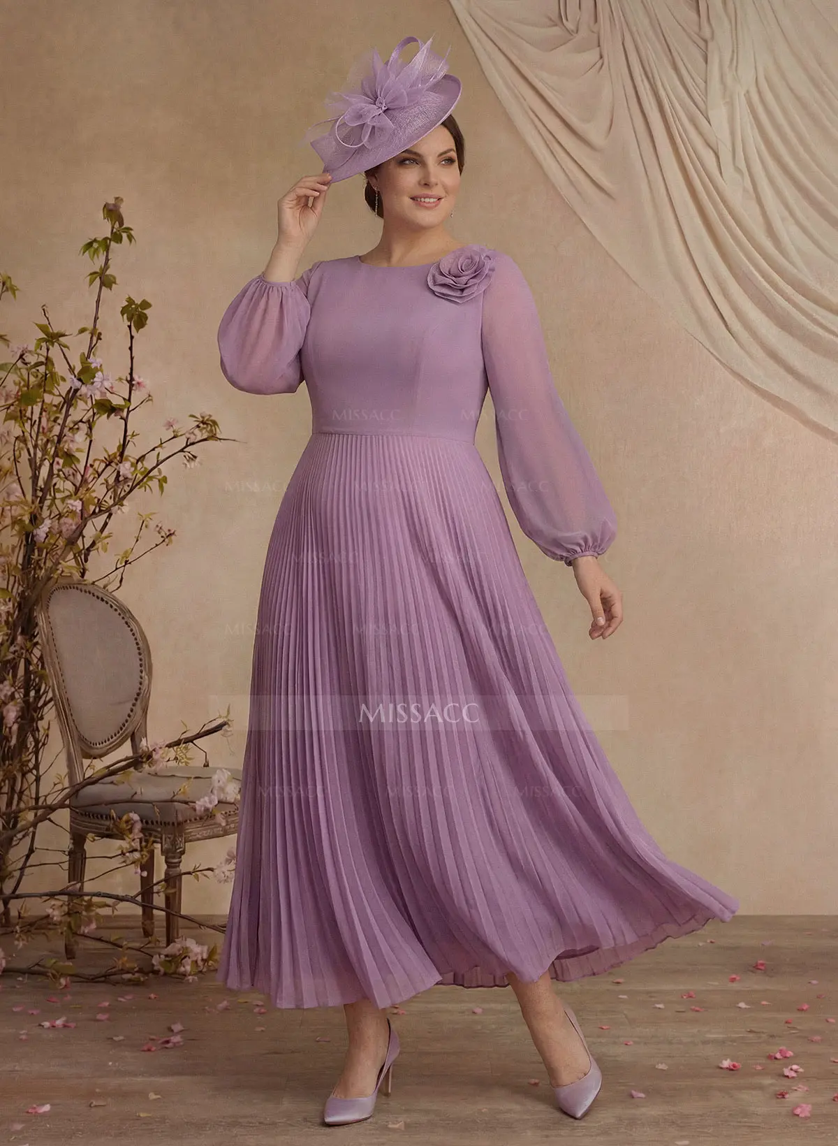 A-line Scoop Tea-Length Chiffon Mother of the Bride Dress With Pleated