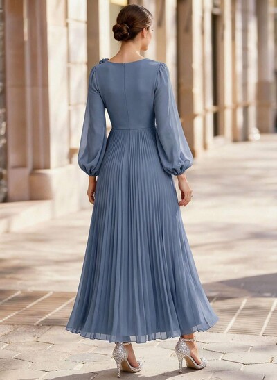 A-Line Scoop Neck Long Sleeves Ankle-Length Chiffon Mother Of The Bride Dresses With Pleated Flower(s)