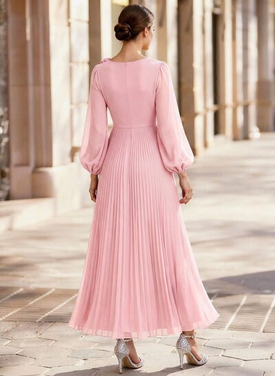 A-Line Scoop Neck Long Sleeves Ankle-Length Chiffon Mother Of The Bride Dresses With Pleated Flower(s)