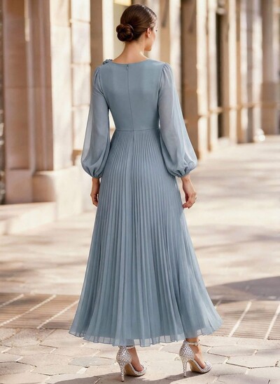 A-Line Scoop Neck Long Sleeves Ankle-Length Chiffon Mother Of The Bride Dresses With Pleated Flower(s)