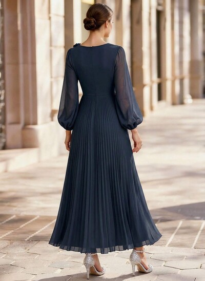 A-Line Scoop Neck Long Sleeves Ankle-Length Chiffon Mother Of The Bride Dresses With Pleated Flower(s)