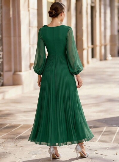 A-Line Scoop Neck Long Sleeves Ankle-Length Chiffon Mother Of The Bride Dresses With Pleated Flower(s)