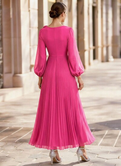 A-Line Scoop Neck Long Sleeves Ankle-Length Chiffon Mother Of The Bride Dresses With Pleated Flower(s)