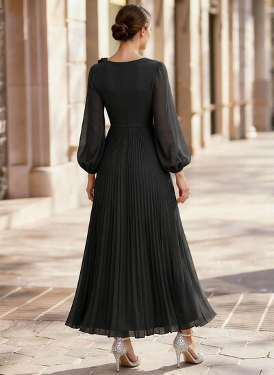 A-Line Scoop Neck Long Sleeves Ankle-Length Chiffon Mother Of The Bride Dresses With Pleated Flower(s)