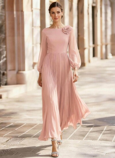 A-Line Scoop Neck Long Sleeves Ankle-Length Chiffon Mother Of The Bride Dresses With Pleated Flower(s)