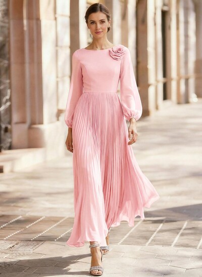 A-Line Scoop Neck Long Sleeves Ankle-Length Chiffon Mother Of The Bride Dresses With Pleated Flower(s)