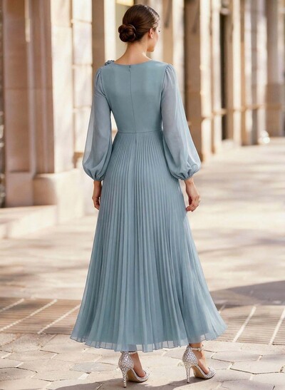 A-Line Scoop Neck Long Sleeves Ankle-Length Chiffon Mother Of The Bride Dresses With Pleated Flower(s)
