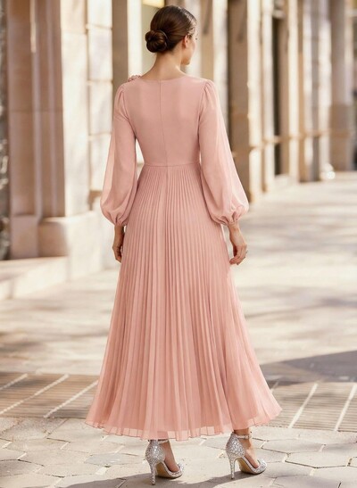 A-Line Scoop Neck Long Sleeves Ankle-Length Chiffon Mother Of The Bride Dresses With Pleated Flower(s)