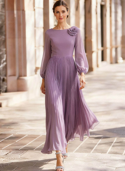 A-Line Scoop Neck Long Sleeves Ankle-Length Chiffon Mother Of The Bride Dresses With Pleated Flower(s)
