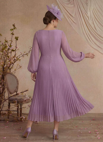 A-Line Scoop Neck Long Sleeves Ankle-Length Chiffon Mother Of The Bride Dresses With Pleated Flower(s)