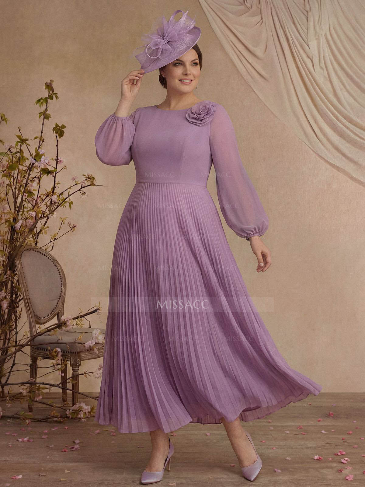 A-Line Scoop Neck Long Sleeves Ankle-Length Chiffon Mother Of The Bride Dresses With Pleated Flower(s)