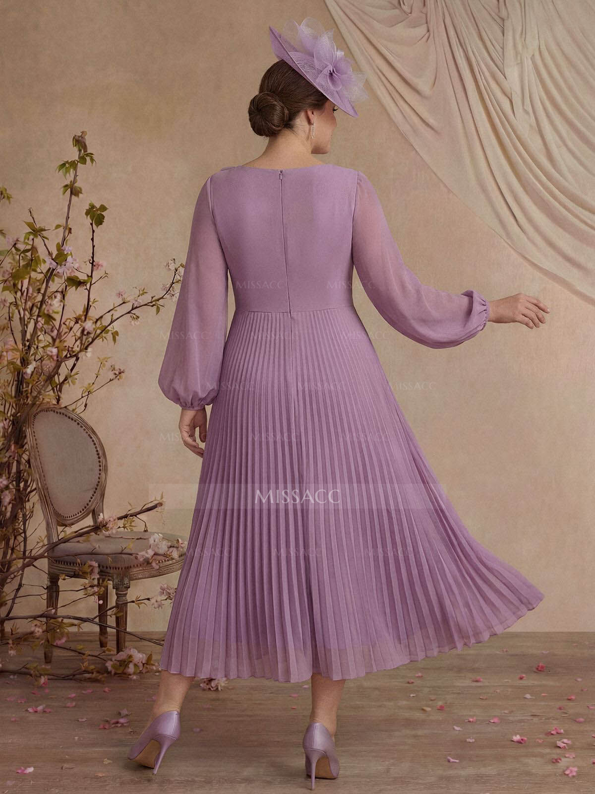 A-Line Scoop Neck Long Sleeves Ankle-Length Chiffon Mother Of The Bride Dresses With Pleated Flower(s)
