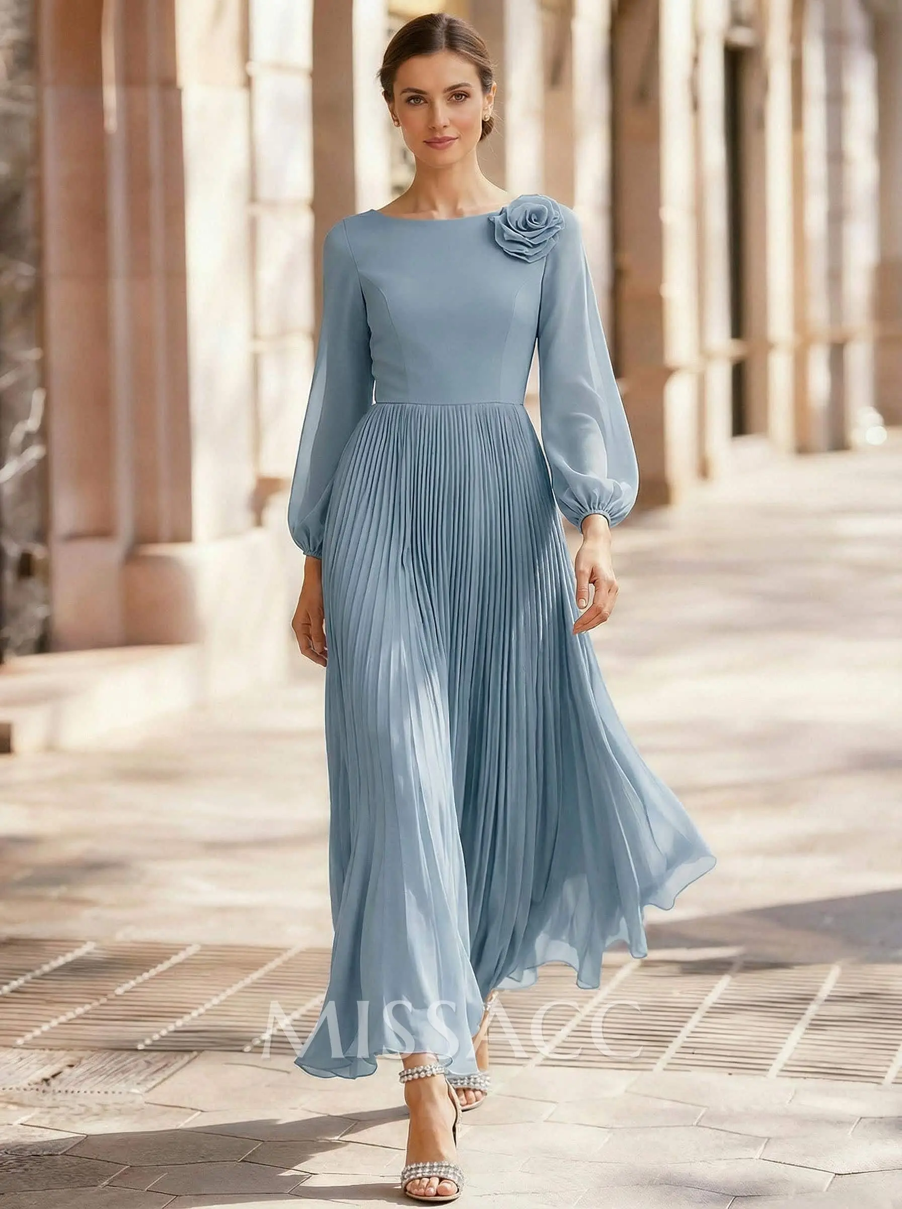 A-Line Scoop Neck Long Sleeves Ankle-Length Chiffon Mother Of The