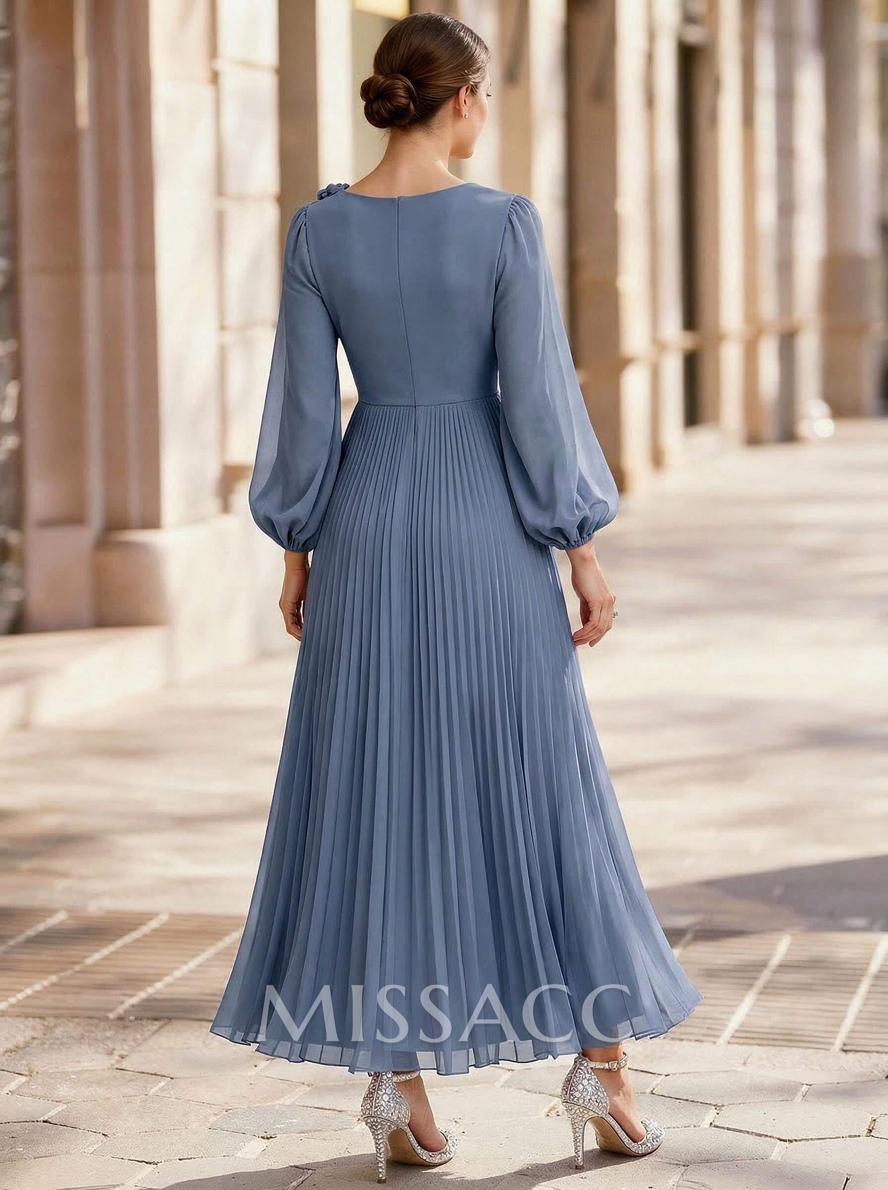 A-Line Scoop Neck Long Sleeves Ankle-Length Chiffon Mother Of The Bride Dresses With Pleated Flower(s)
