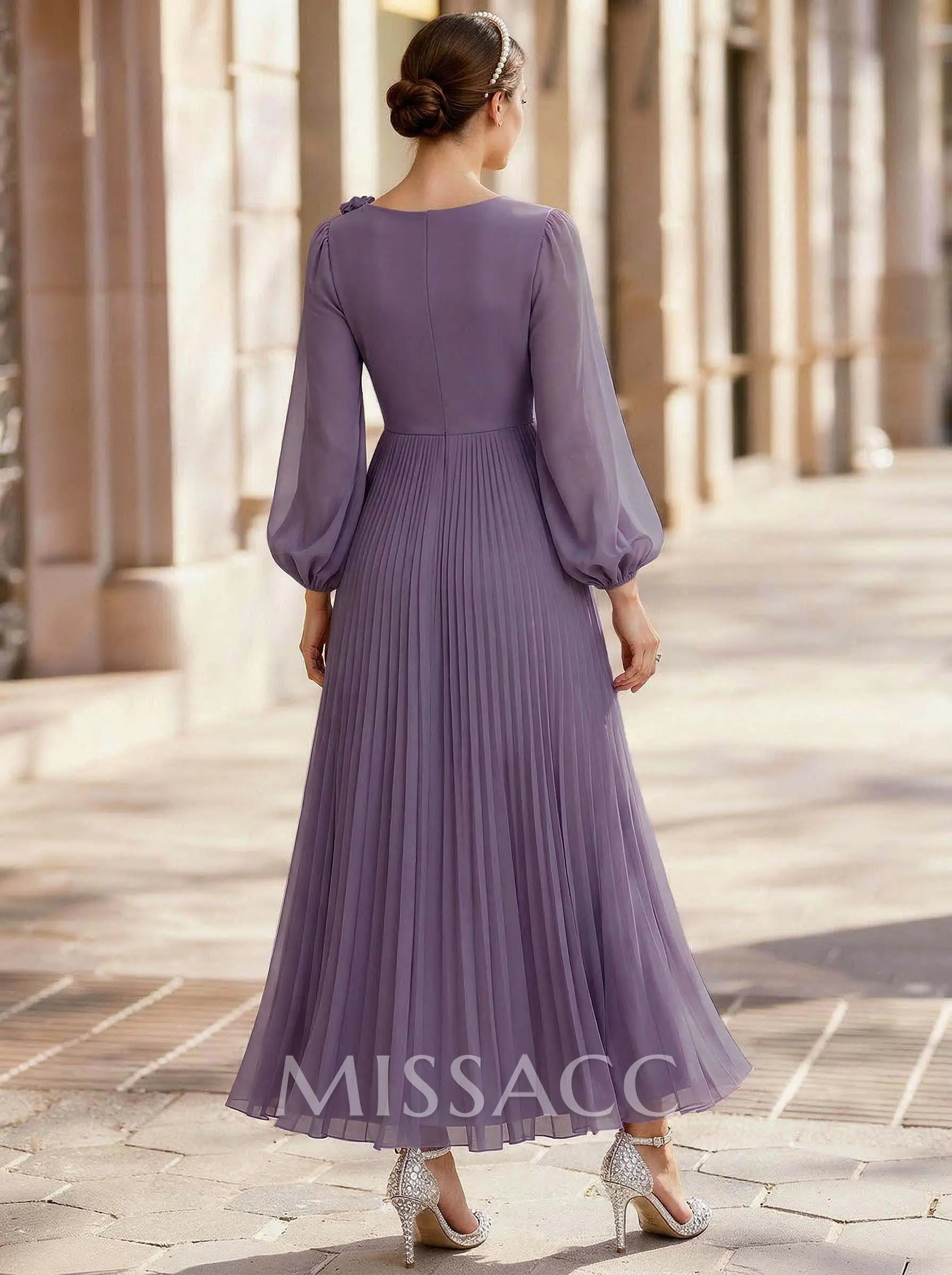 A-Line Scoop Neck Long Sleeves Ankle-Length Chiffon Mother Of The