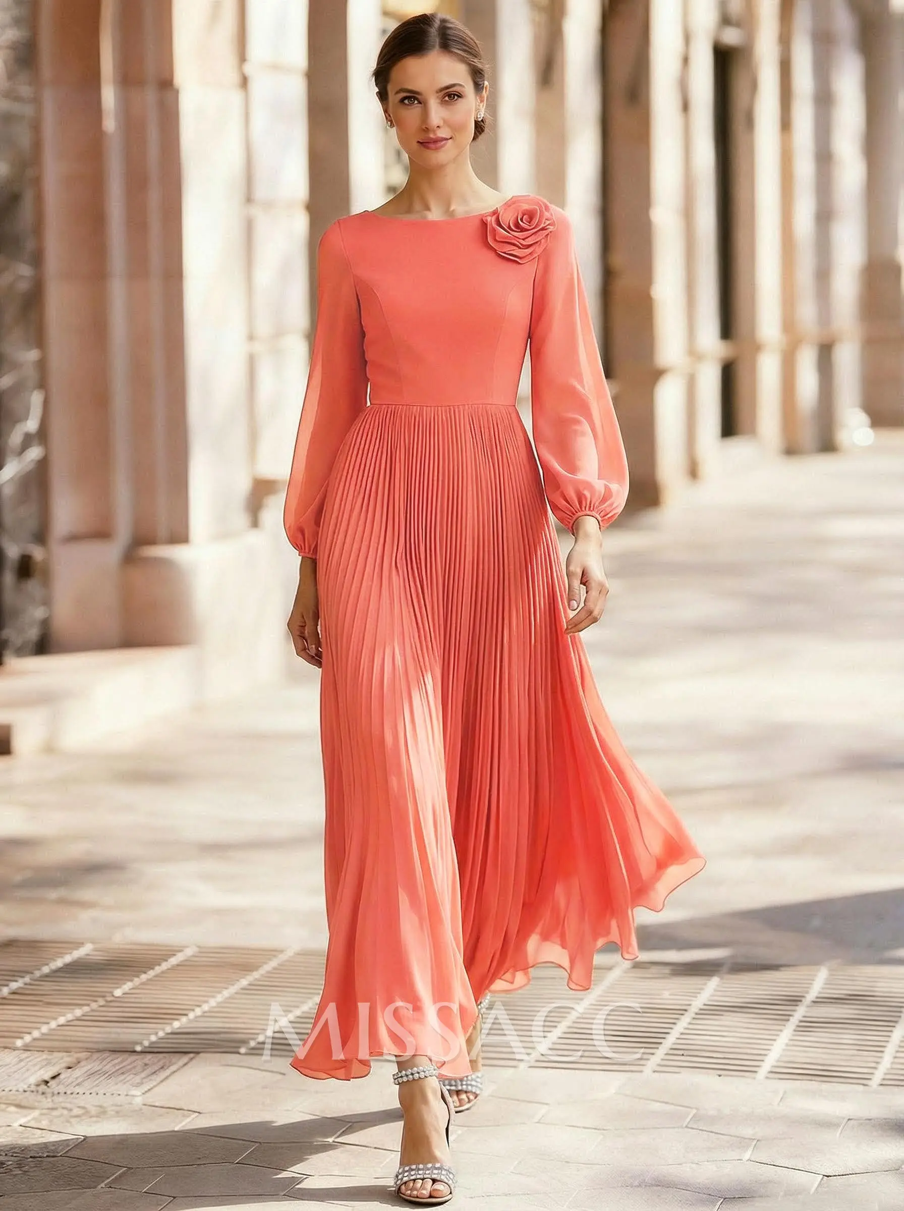 A-Line Scoop Neck Long Sleeves Ankle-Length Chiffon Mother Of The