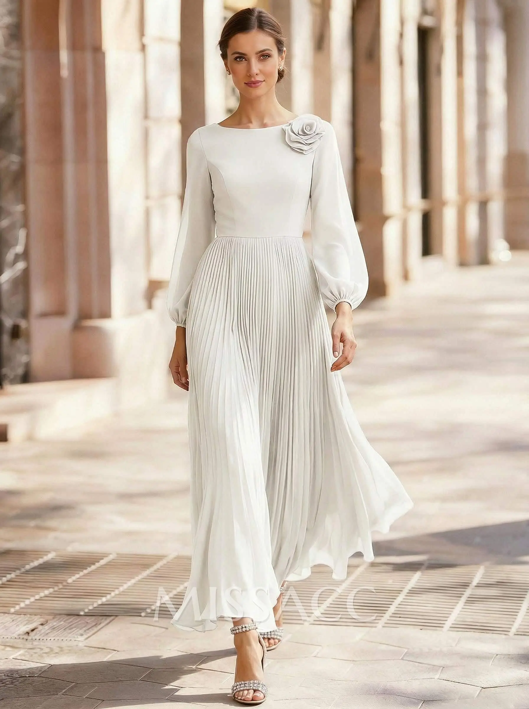 A-Line Scoop Neck Long Sleeves Ankle-Length Chiffon Mother Of The
