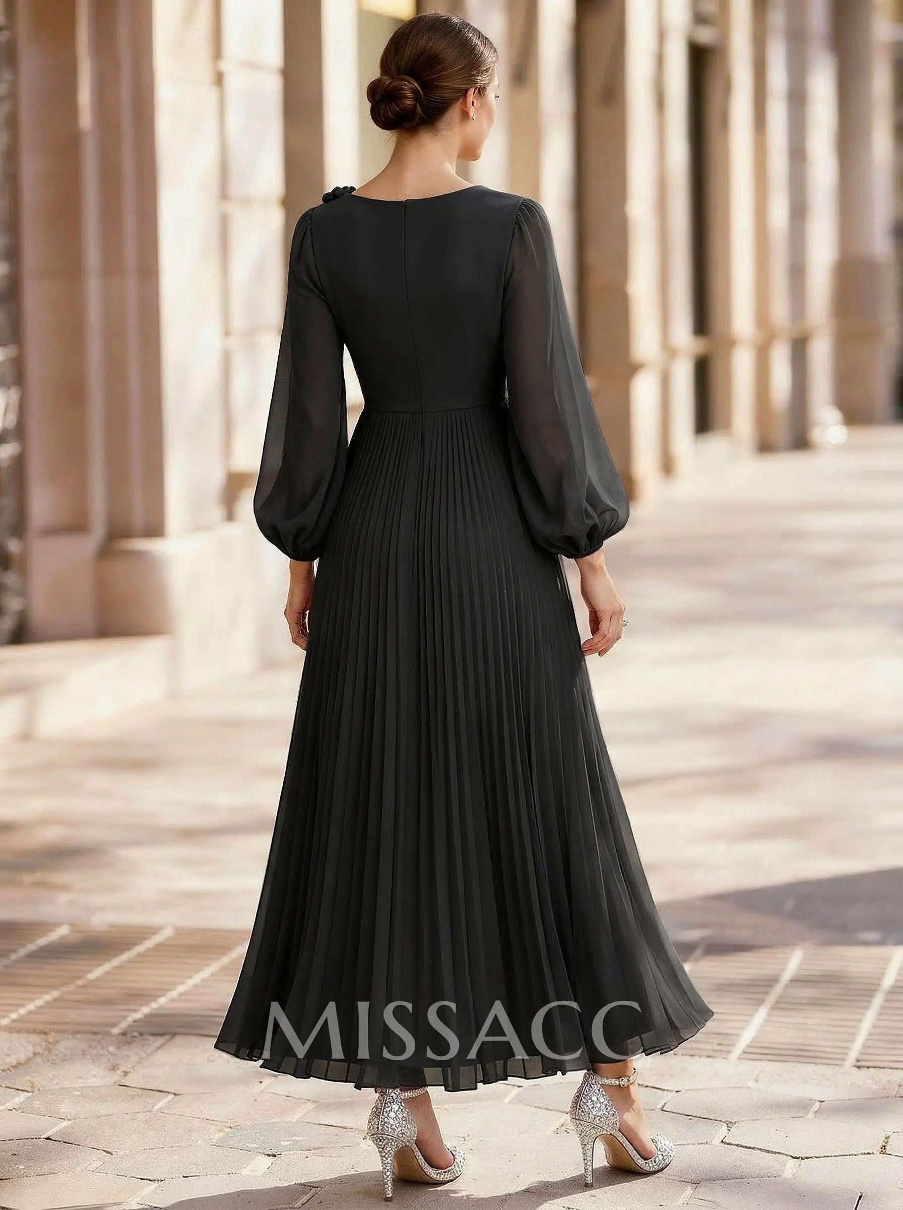 A-Line Scoop Neck Long Sleeves Ankle-Length Chiffon Mother Of The