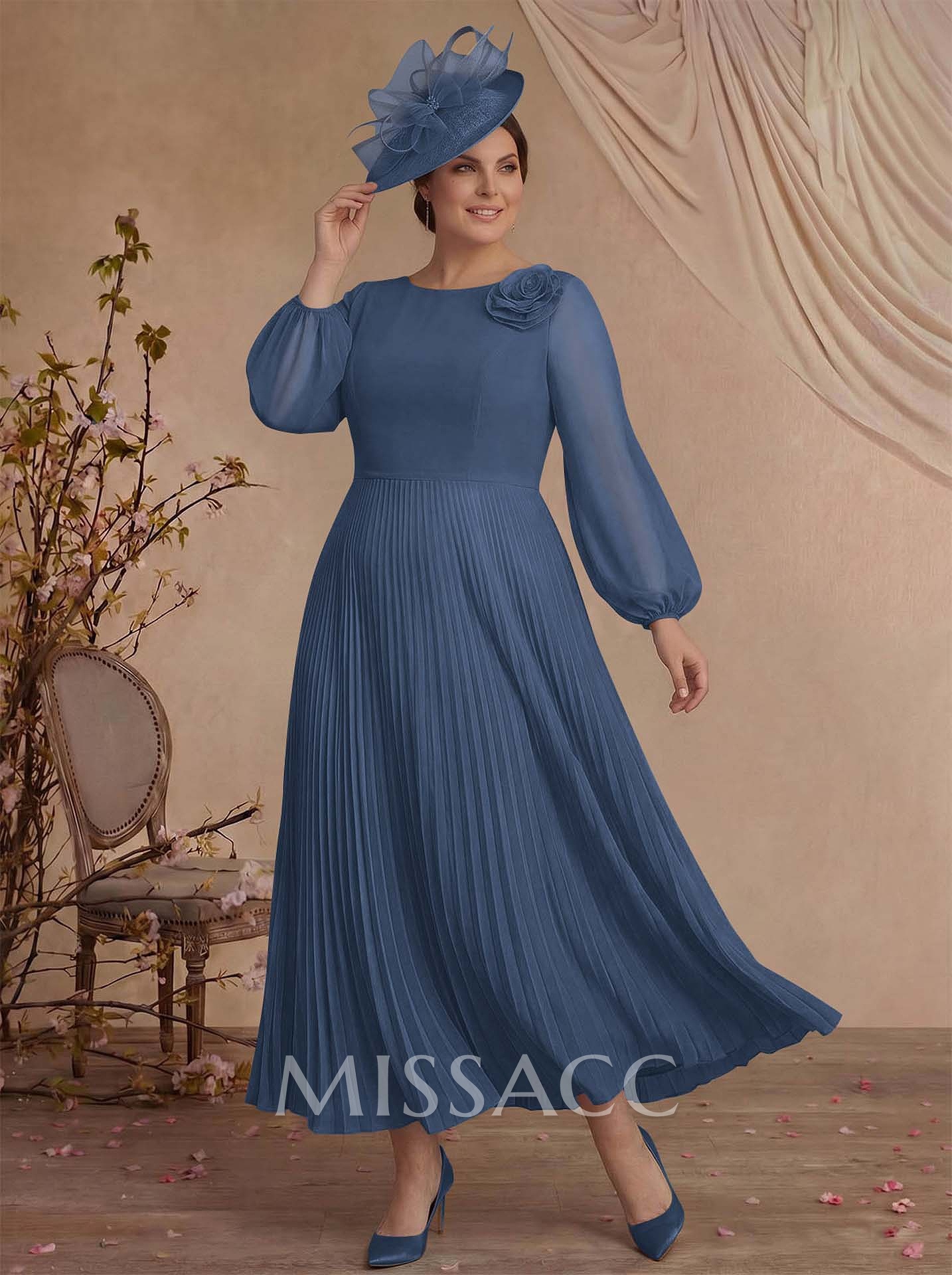 A-Line Scoop Neck Long Sleeves Ankle-Length Chiffon Mother Of The Bride Dresses With Pleated Flower(s)