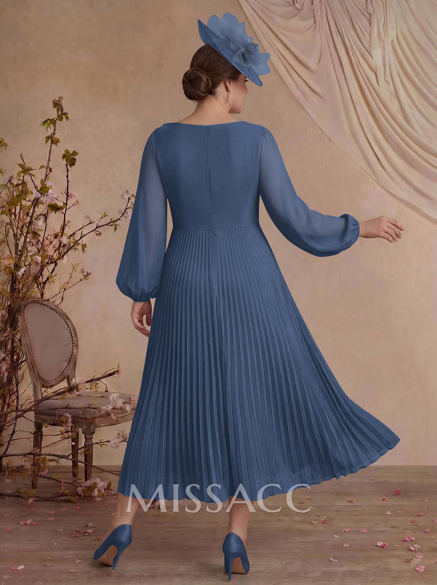 A-Line Scoop Neck Long Sleeves Ankle-Length Chiffon Mother Of The Bride Dresses With Pleated Flower(s)
