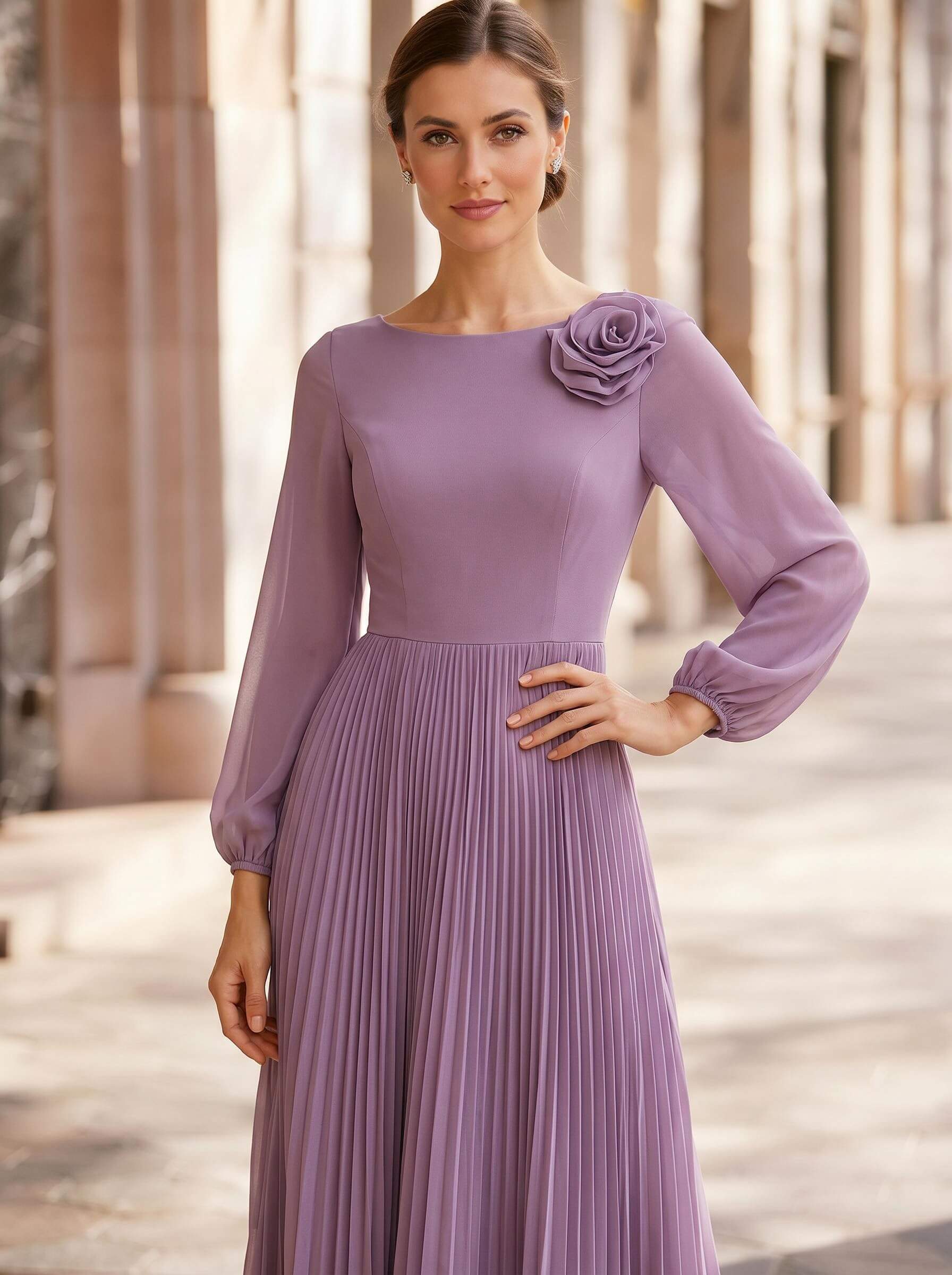 A-Line Scoop Neck Long Sleeves Ankle-Length Chiffon Mother Of The Bride Dresses With Pleated Flower(s) A-Line Scoop Neck Long Sleeves Ankle-Length Chiffon Mother Of The Bride Dresses With Pleated Flower(s)