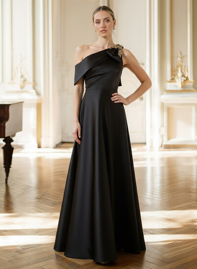 A-Line Asymmetrical Sleeveless Floor-Length Satin Mother Of The Bride Dresses With Rhinestone Shoulder Ruffle