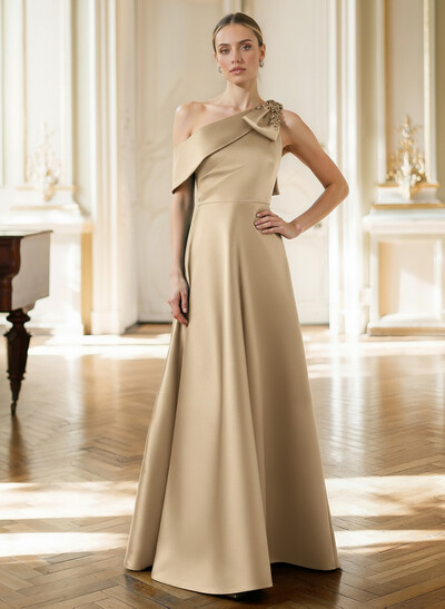 A-Line Asymmetrical Sleeveless Floor-Length Satin Mother Of The Bride Dresses With Rhinestone Shoulder Ruffle