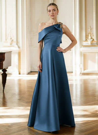 A-Line Asymmetrical Sleeveless Floor-Length Satin Mother Of The Bride Dresses With Rhinestone Shoulder Ruffle