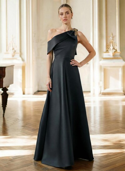 A-Line Asymmetrical Sleeveless Floor-Length Satin Mother Of The Bride Dresses With Rhinestone Shoulder Ruffle