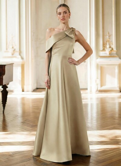 A-Line Asymmetrical Sleeveless Floor-Length Satin Mother Of The Bride Dresses With Rhinestone Shoulder Ruffle